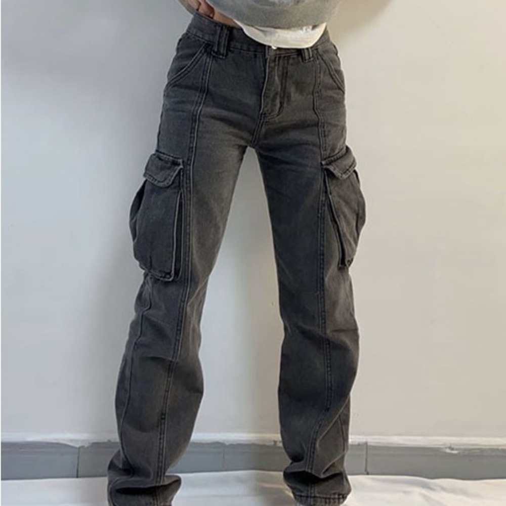Washed Mid Waist Pocket Cargo Jeans